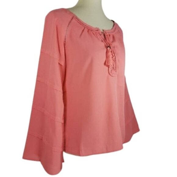 ☀ Mocha Long Sleeve Lace Up Neck Blouse Sz Medium - Picture 1 of 7